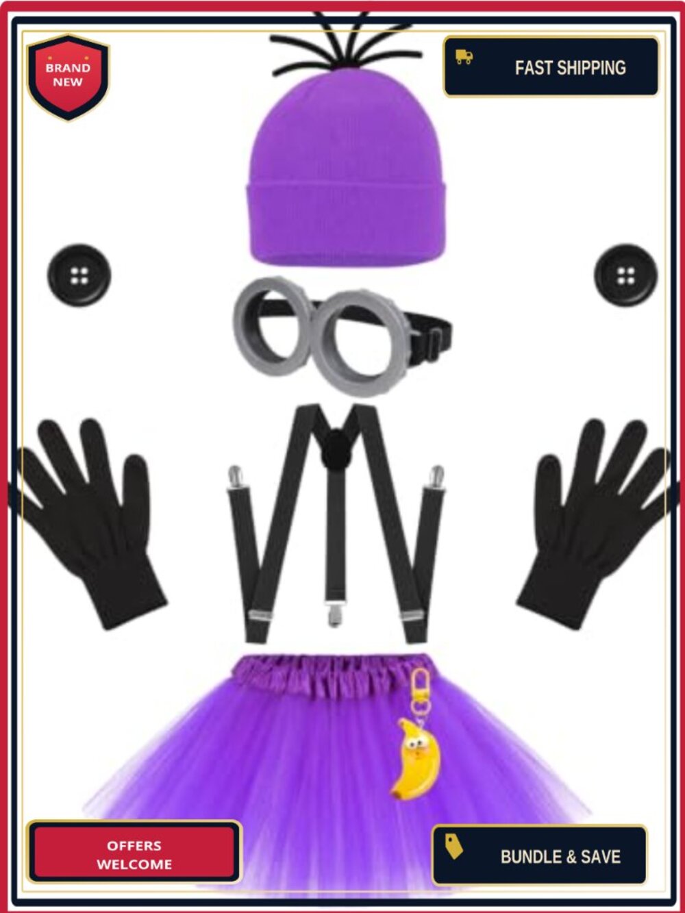 7 Pc Adult Halloween Costume Accessory Set Beanie Goggles Gloves Tutu
